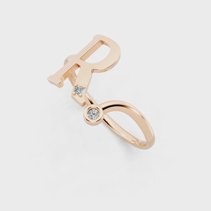 Rose Gold R Initial Diamond Ring - Modern Monogram Open Band Luxury
