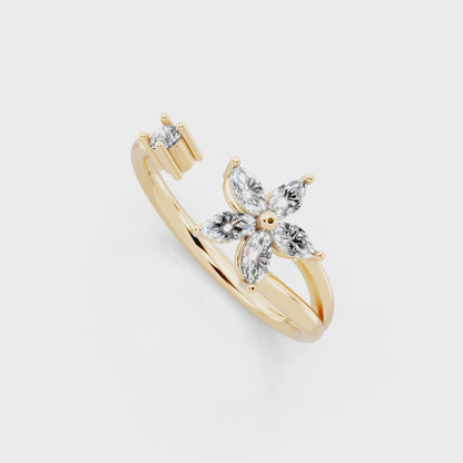 Romantic Yellow Gold Tone Open Bypass Ring with Floral White Sparkle Detail