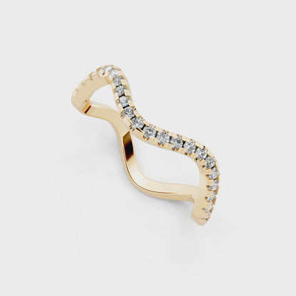 Yellow Gold Tone Wave Band Ring with White Stone Pave Curve