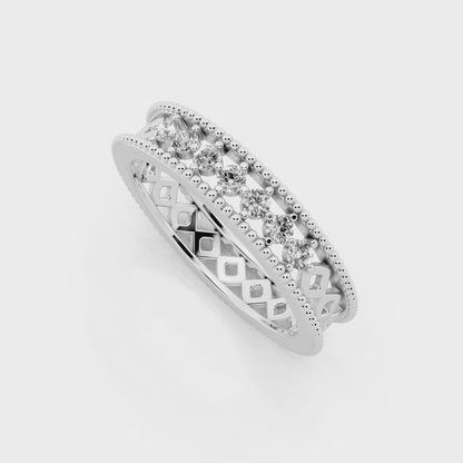 White Gold Navette Diamond Band Ring - Beaded Openwork Everyday Luxury Style