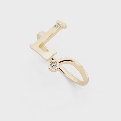 Yellow Gold Letter L  Lab Grown Diamond Ring – Modern Initial Statement Ring with Bezel Accent