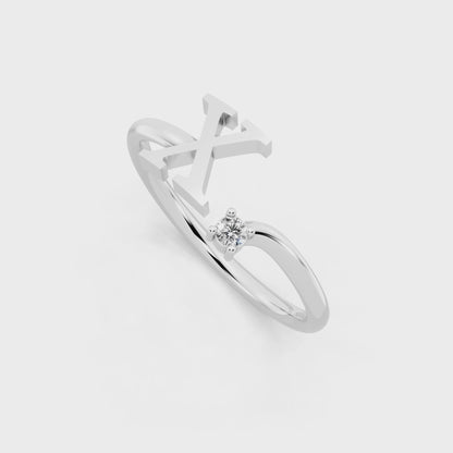 White Gold Tone Initial X Open Ring - Elegant White Stone Monogram Design