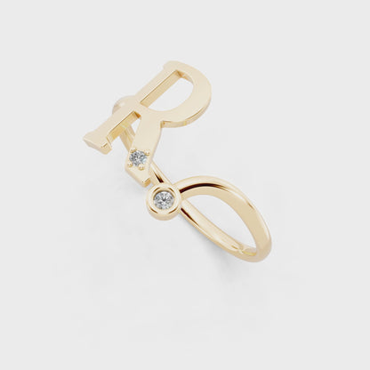 Yellow Gold R Initial Diamond Ring - Modern Monogram Open Band Luxury