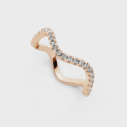 Rose  Gold Tone Wave Band Ring with White Stone Pave Curve