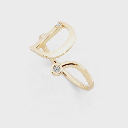 Premium Yellow Gold Tone D Initial Open Ring with Refined White Stone Accents
