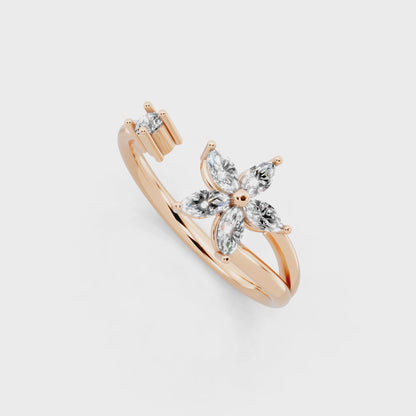 Romantic Rose Gold Tone Open Bypass Ring with Floral White Sparkle Detail