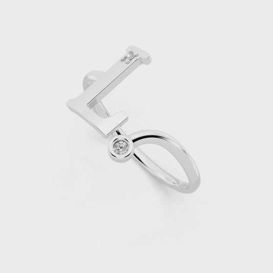 White Gold Letter L  Lab Grown Diamond Ring – Modern Initial Statement Ring with Bezel Accent