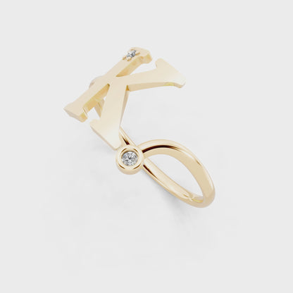 Yellow Gold K Initial Ring with Lab Grown Diamond Accents - Sculptural Monogram Statement Ring