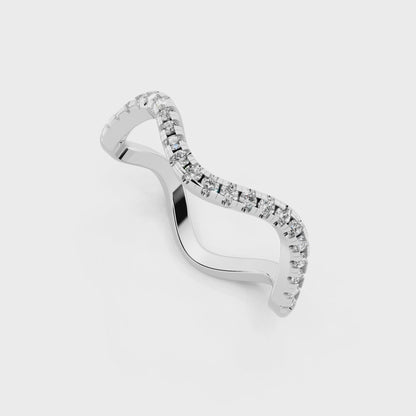 White Gold Tone Wave Band Ring with White Stone Pave Curve