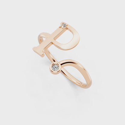Rose Gold Letterform Open Ring - Sculptural Diamond Accent Luxury