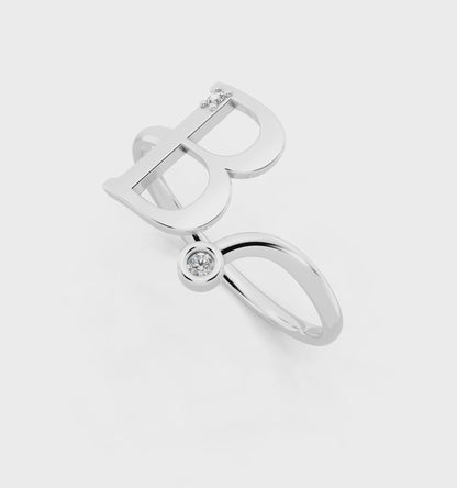 Bellara B Signature Ring in White Gold Tone with Dual White Stone Accents
