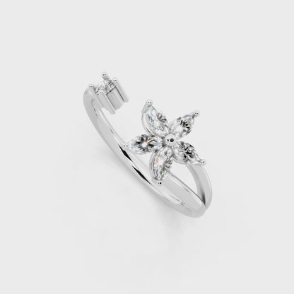 Romantic White Gold Tone Open Bypass Ring with Floral White Sparkle Detail