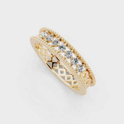 Rose Gold Navette Diamond Band Ring - Beaded Openwork Everyday Luxury Style